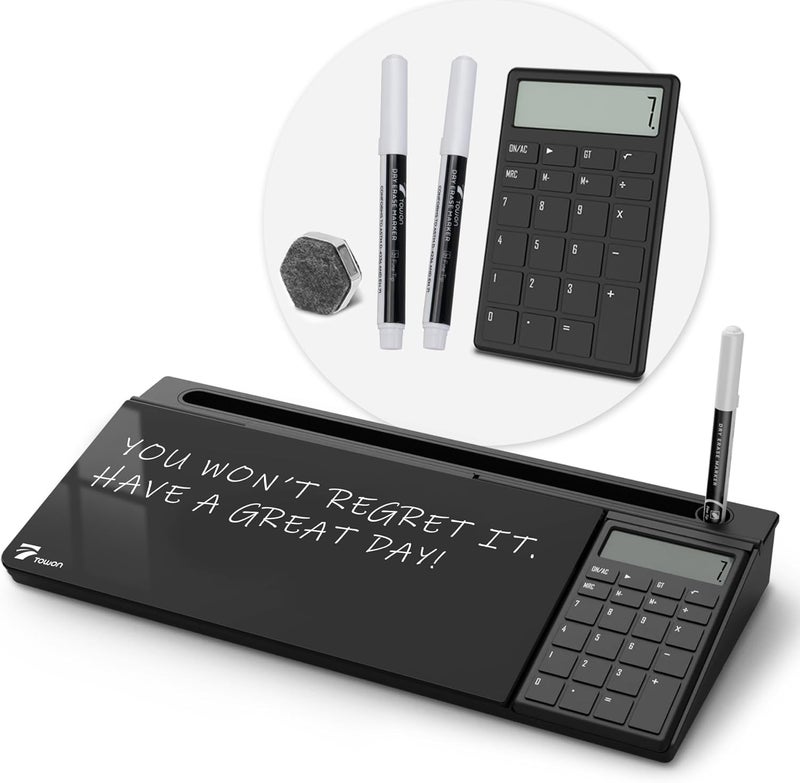 TOWON Desktop Glass Whiteboard with Basic Calculator, 12 Digit LCD Display, Desk Organizers with Accessories for Office, Home, School Supplies, Storage with Dry Erase Board Surface, Black, 17'' x 6'' - Image 1